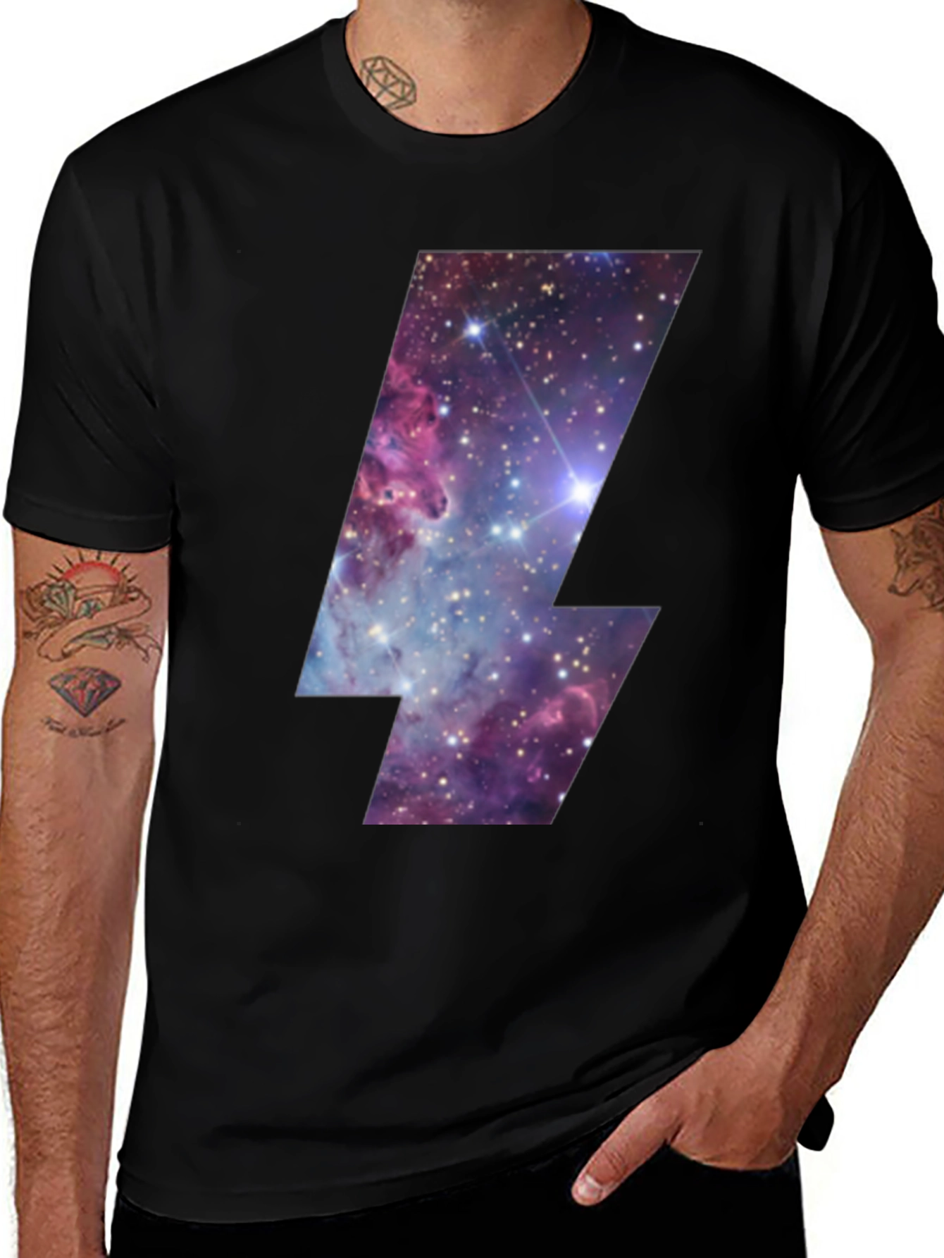 Galaxy Lightning Bolt Graphic Tee - Black Cotton T-Shirt
