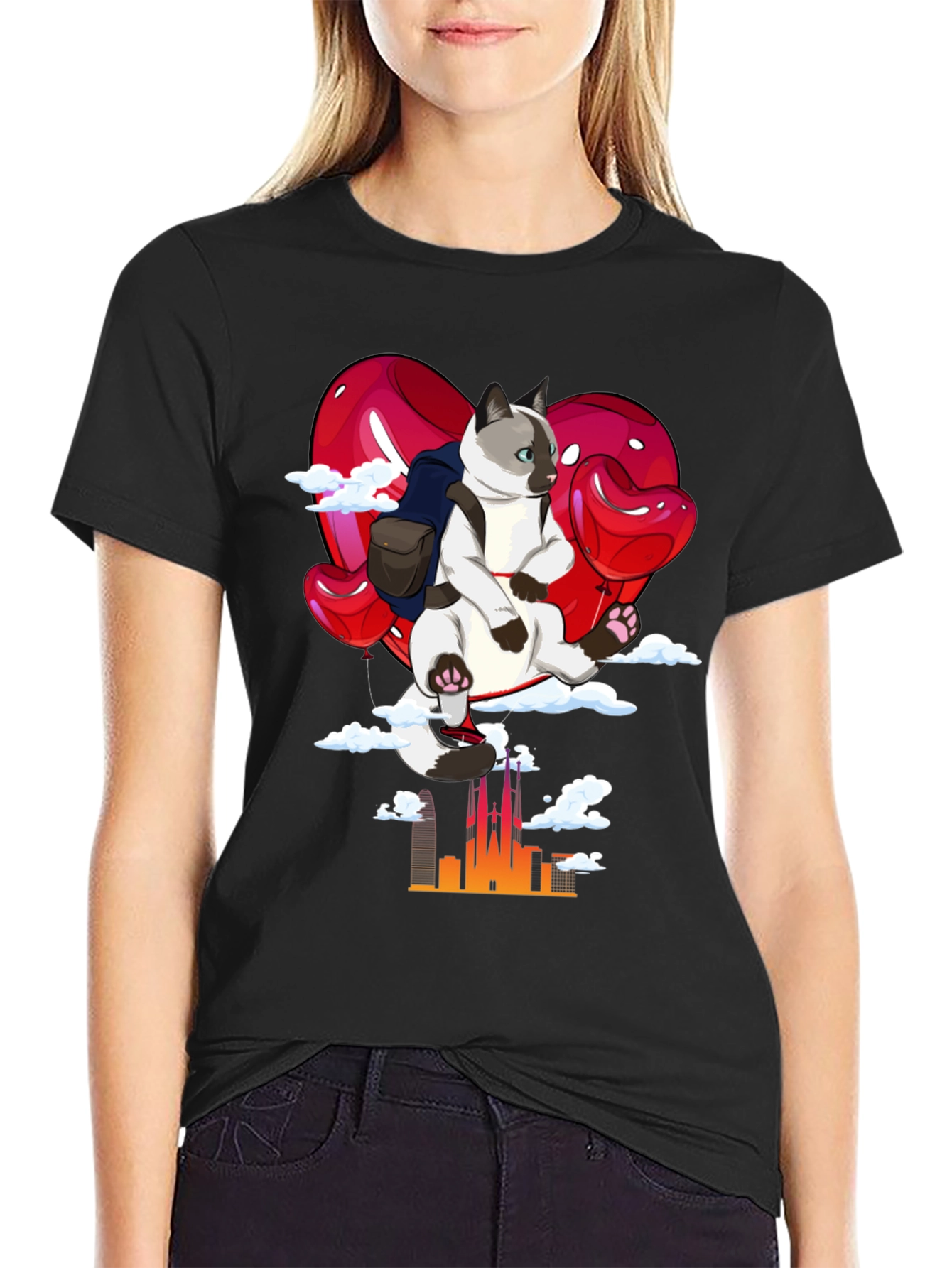 Cat Lover T-Shirt - Balloon Ride over City