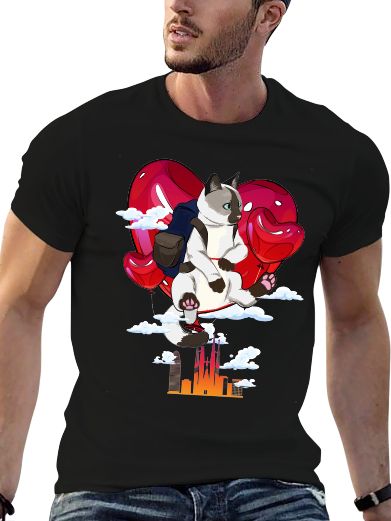 Cat Lover T-Shirt - Balloon Ride over City