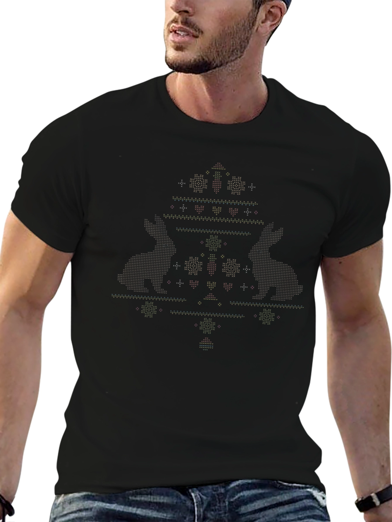 Novelty Christmas Tree Pattern Black T-Shirt
