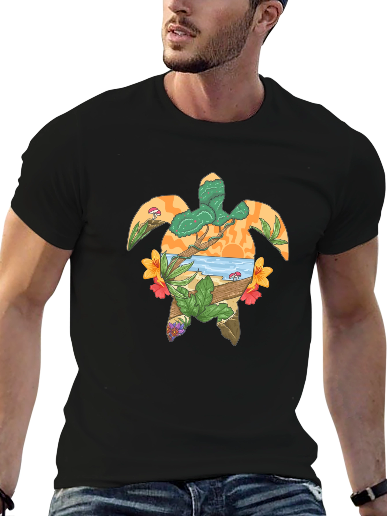Turtle Island Graphic Tee - Black Cotton T-Shirt