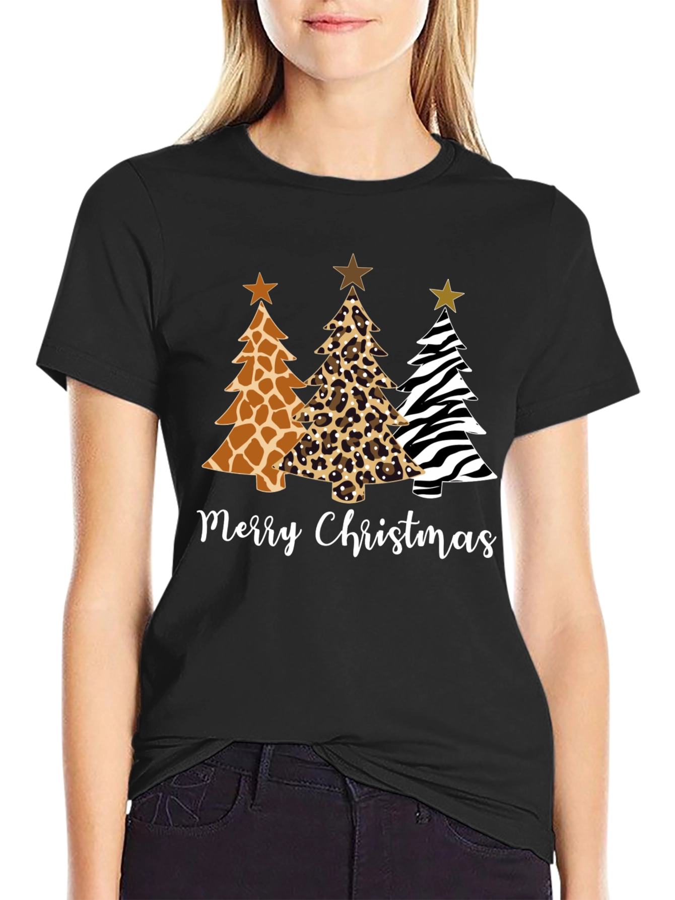 Merry Christmas Animal Print Christmas Trees T-Shirt