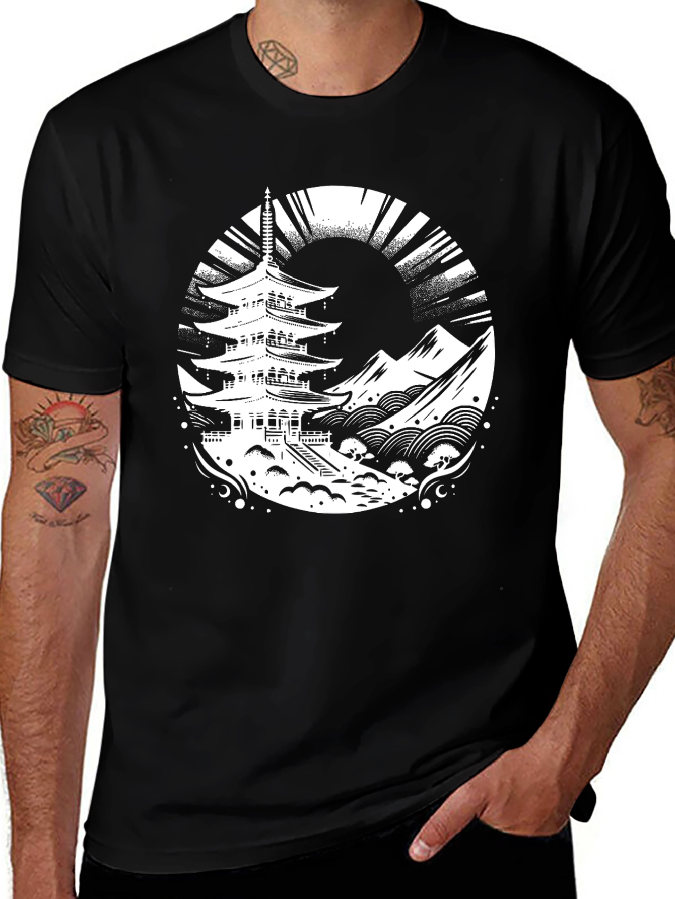 Pagoda Graphic Tee - Stylish Black T-Shirt