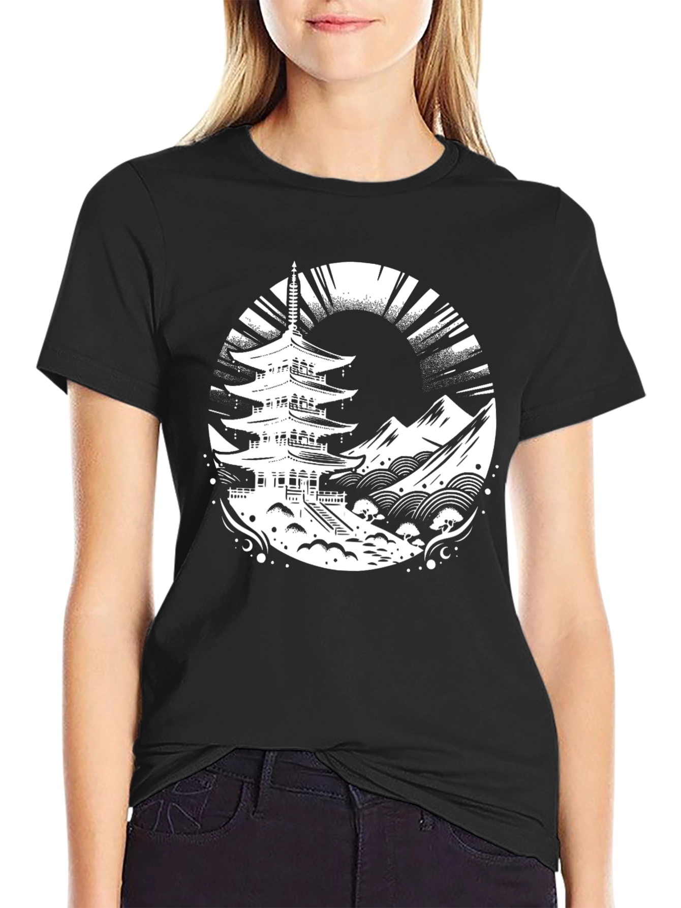 Pagoda Graphic Tee - Stylish Black T-Shirt