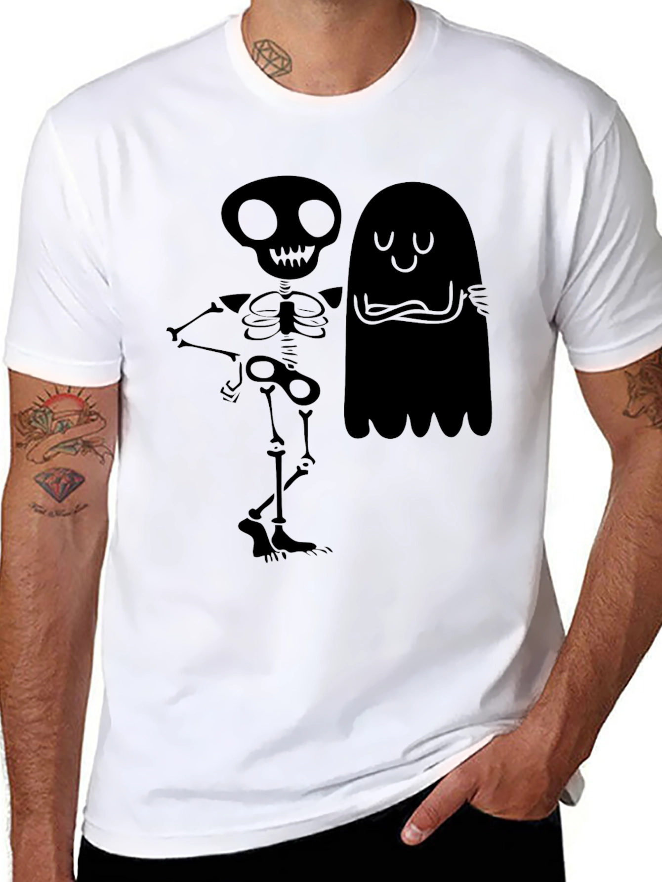 Spooky Skeleton & Ghost Graphic T-Shirt