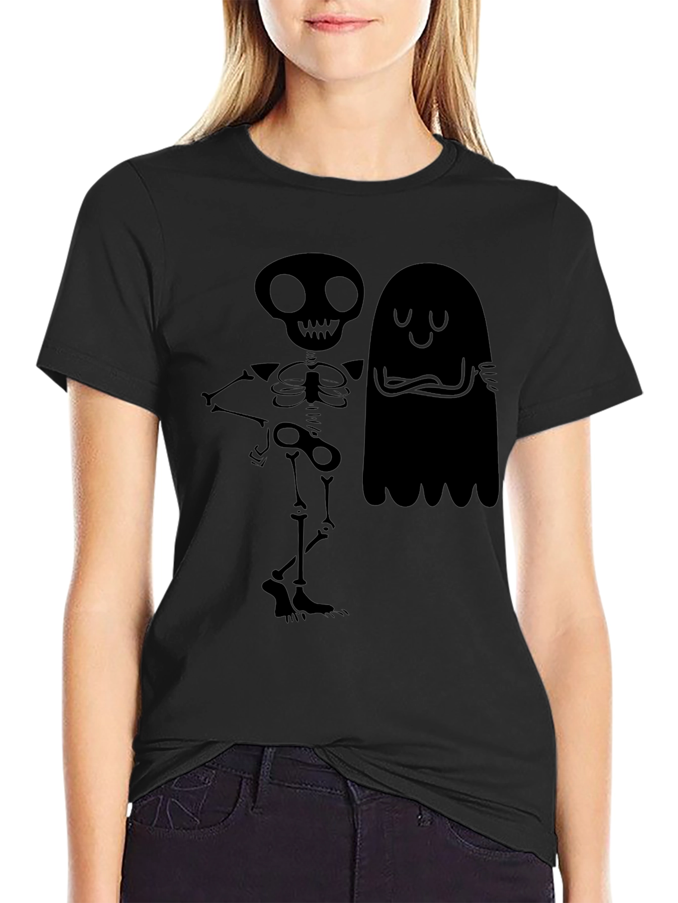 Spooky Skeleton & Ghost Graphic T-Shirt