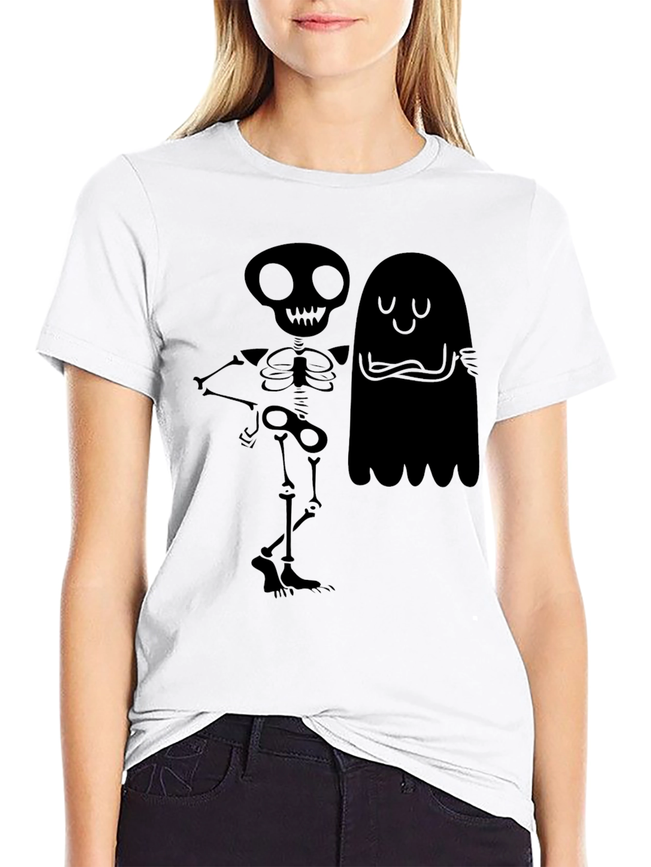 Spooky Skeleton & Ghost Graphic T-Shirt