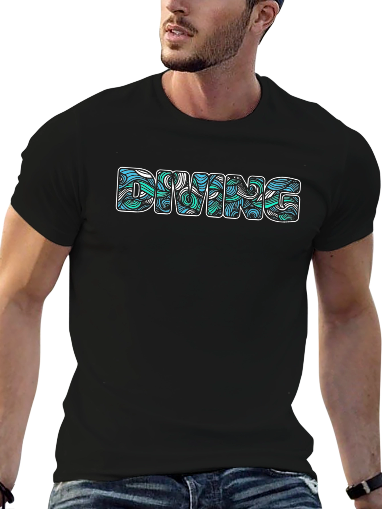 Diving Wave Pattern Graphic Black T-Shirt