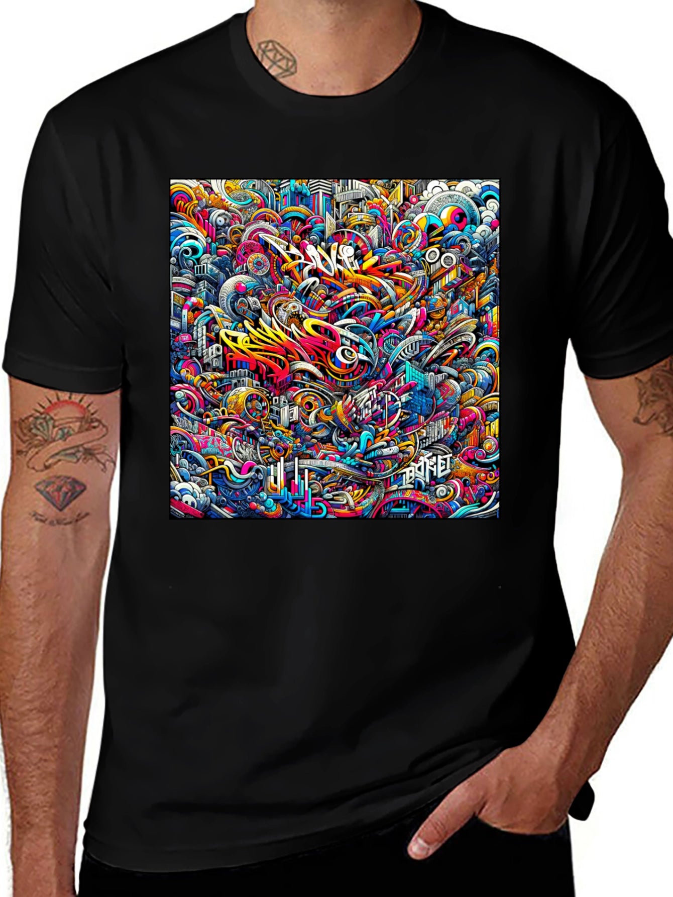 Vibrant Abstract Graffiti Art Print Black T-Shirt