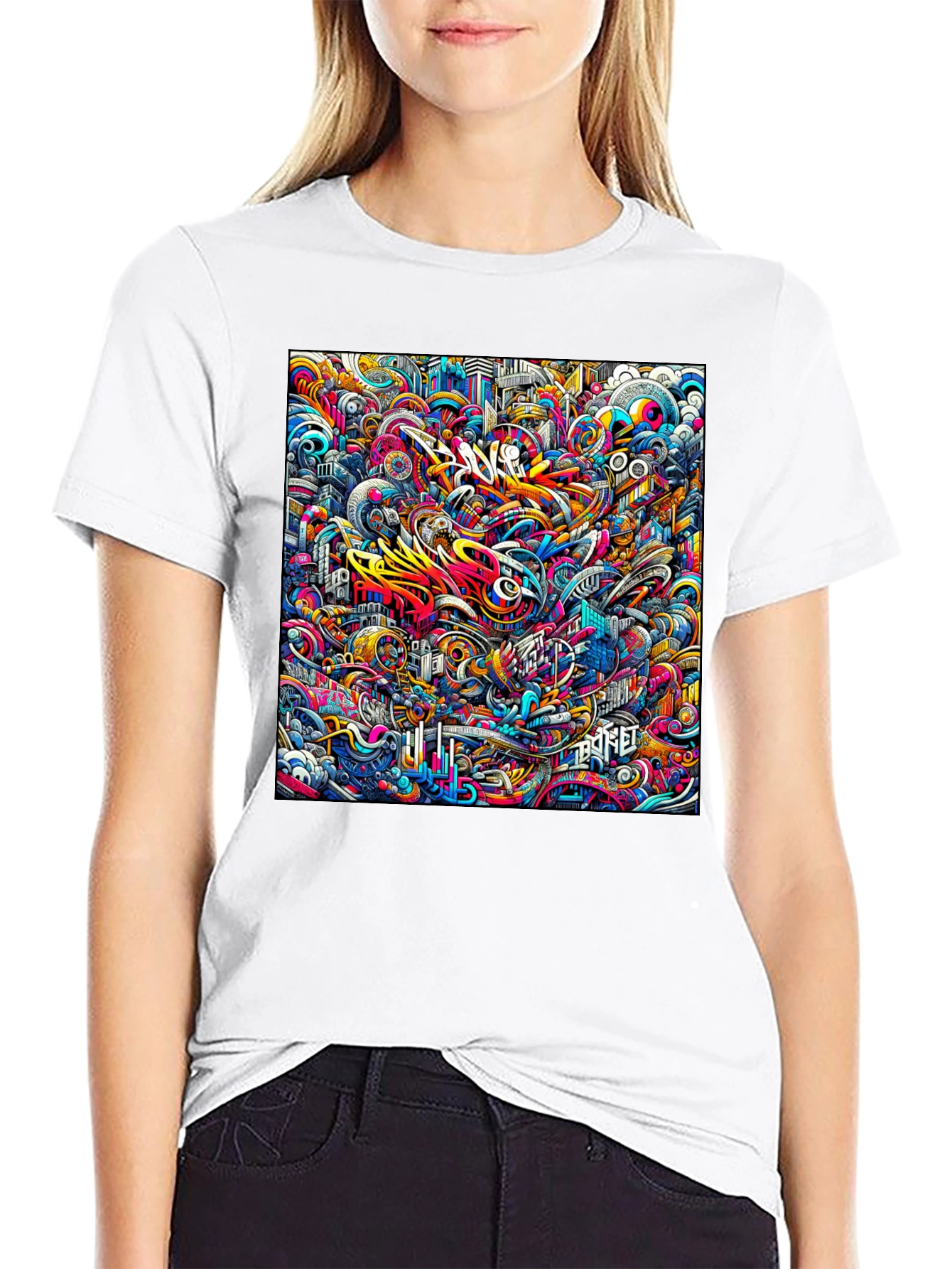 Vibrant Abstract Graffiti Art Print Black T-Shirt