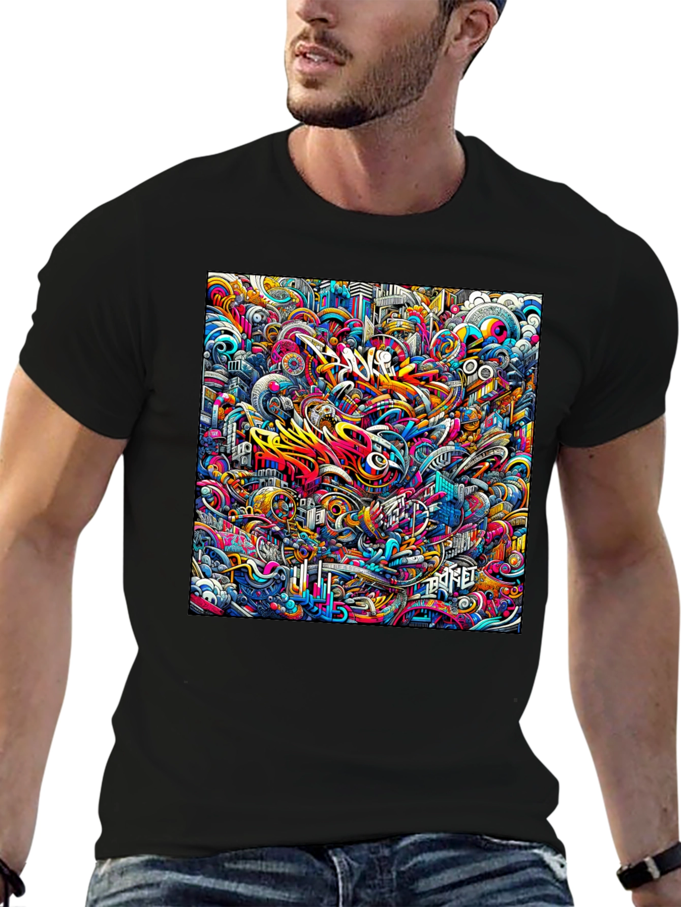 Vibrant Abstract Graffiti Art Print Black T-Shirt