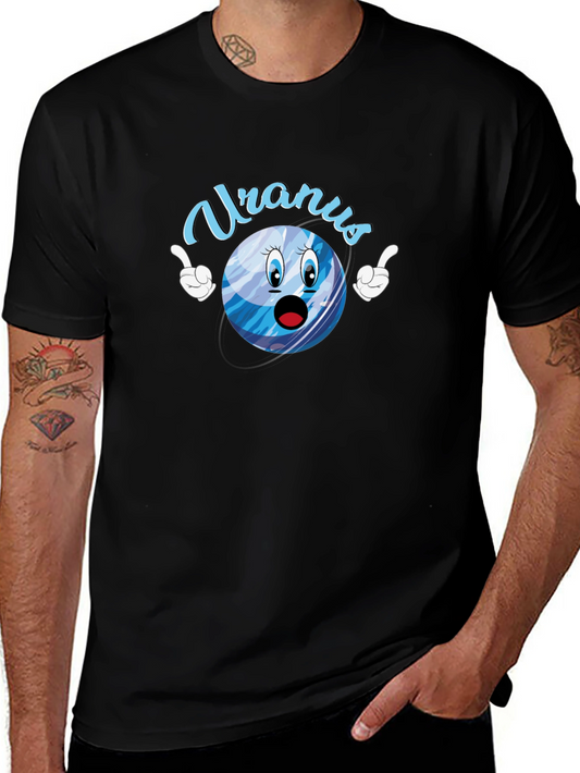 Uranus Cartoon Graphic Tee - Black Cotton T-Shirt