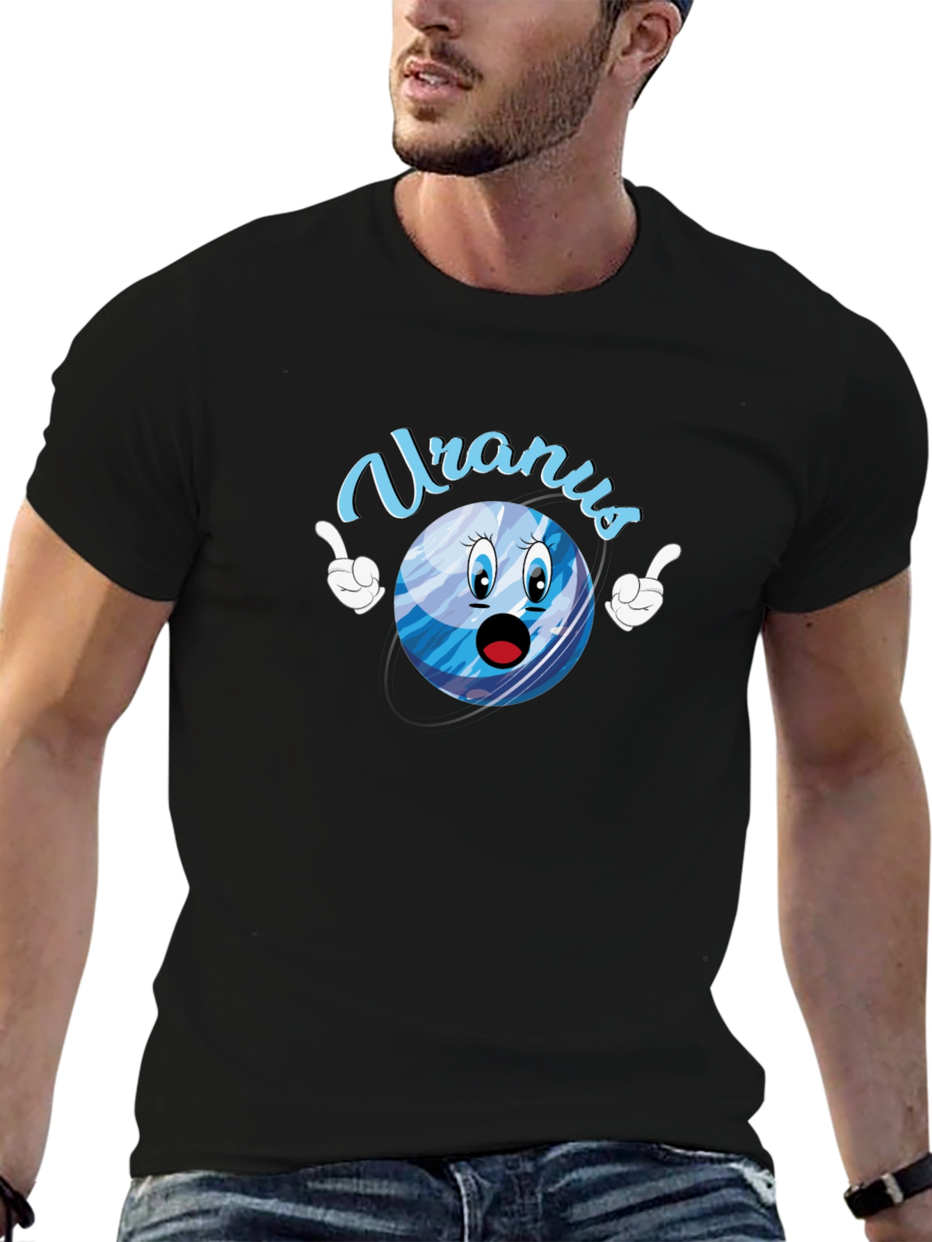 Uranus Cartoon Graphic Tee - Black Cotton T-Shirt