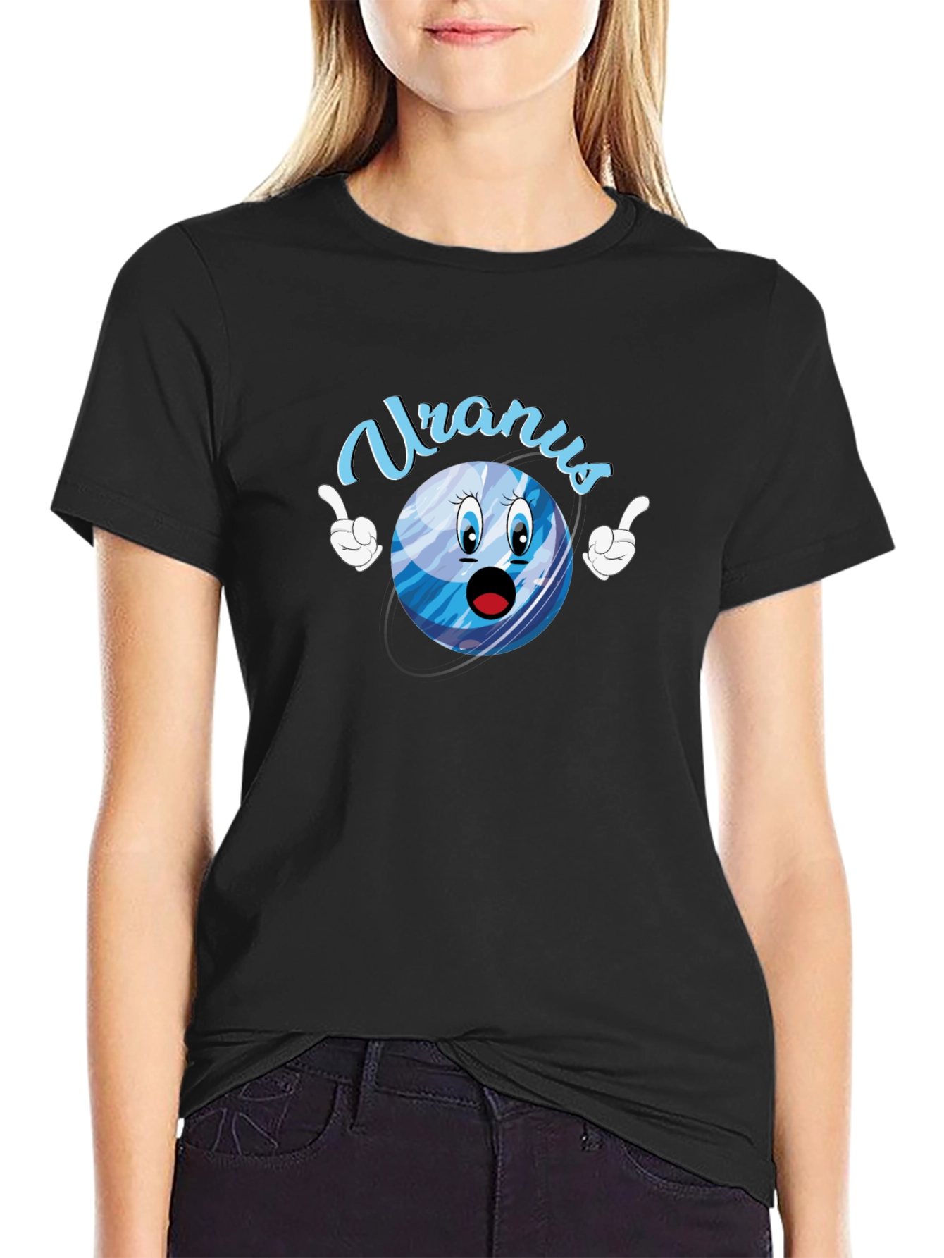 Uranus Cartoon Graphic Tee - Black Cotton T-Shirt