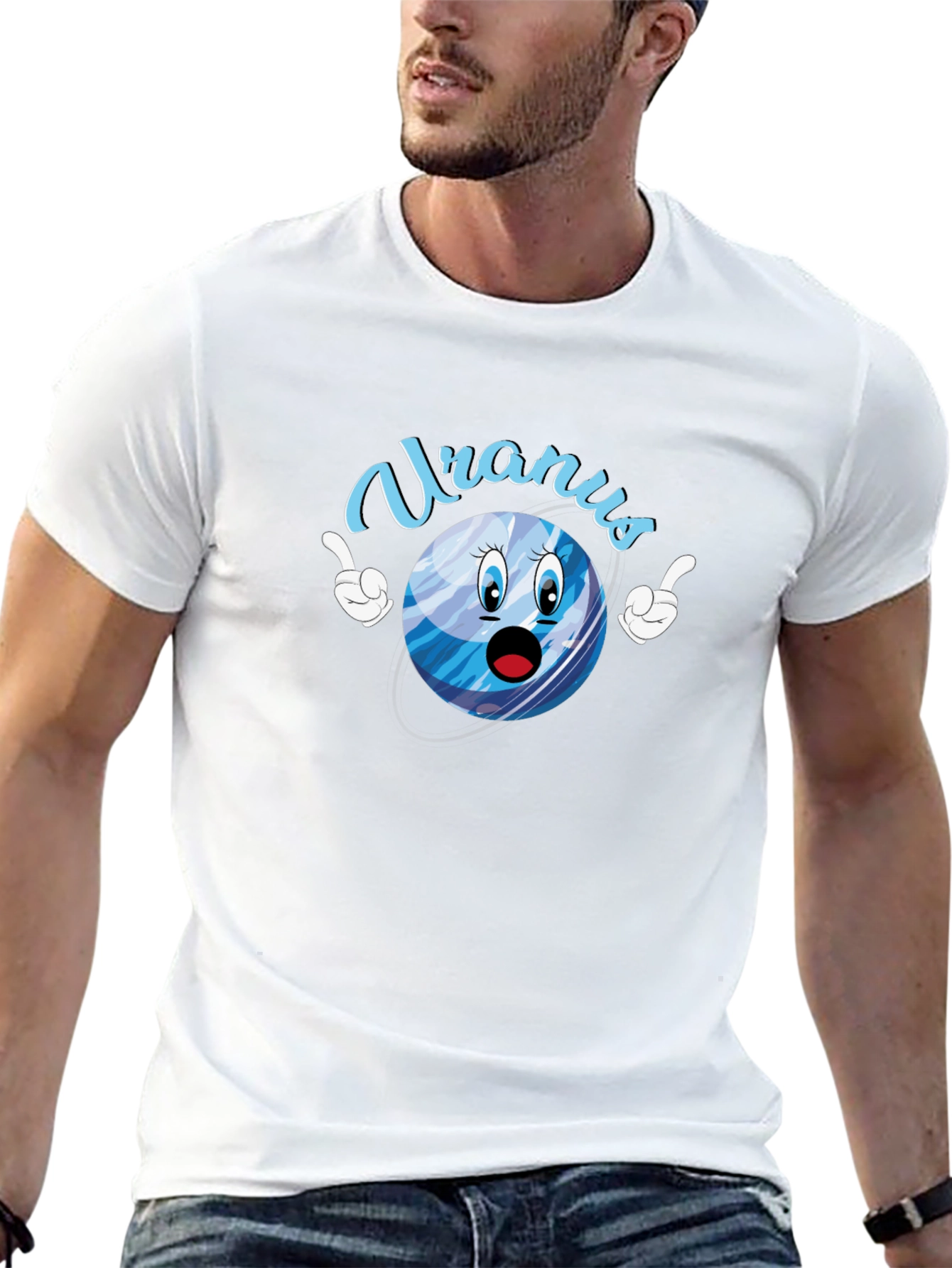 Uranus Cartoon Graphic Tee - Black Cotton T-Shirt