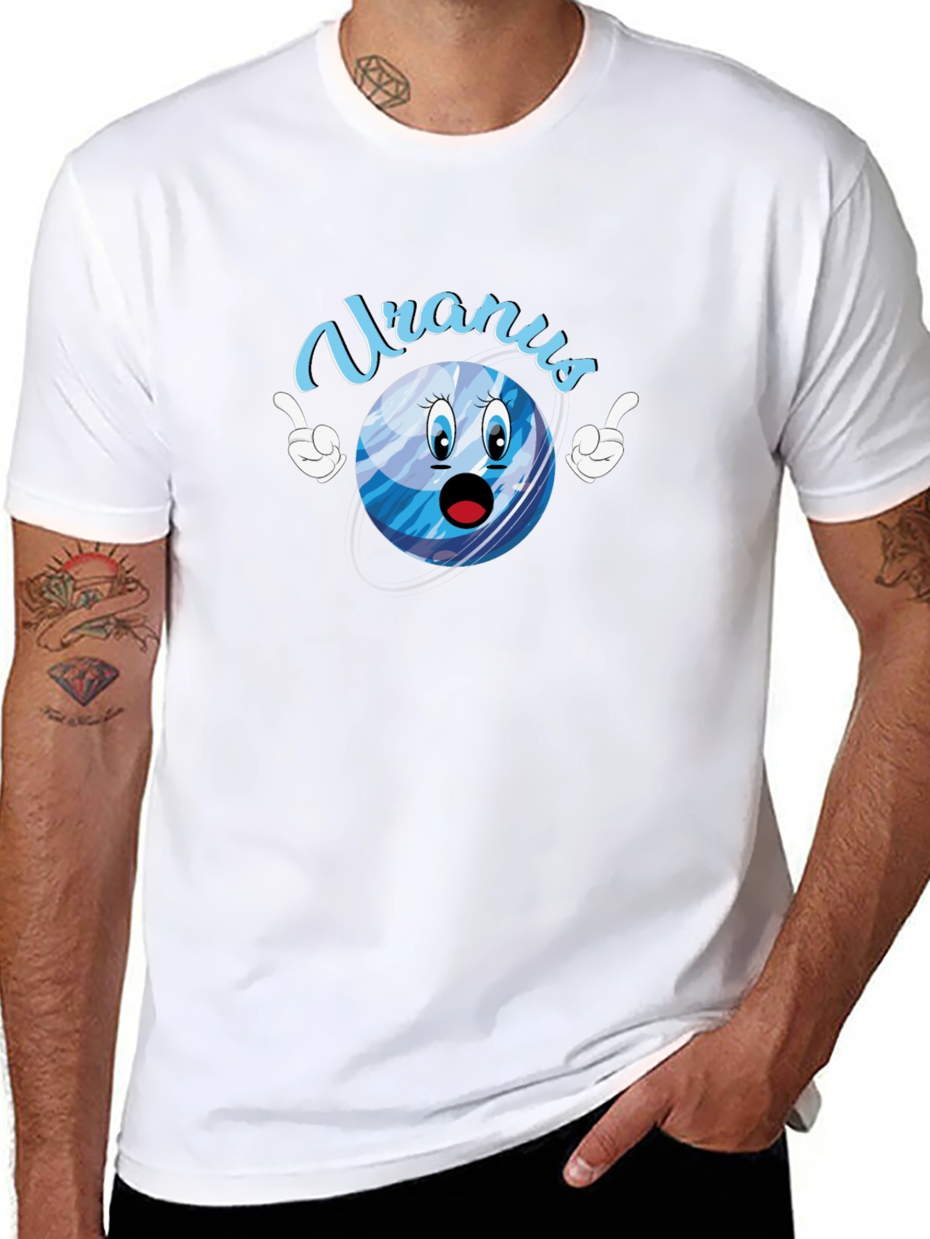 Uranus Cartoon Graphic Tee - Black Cotton T-Shirt
