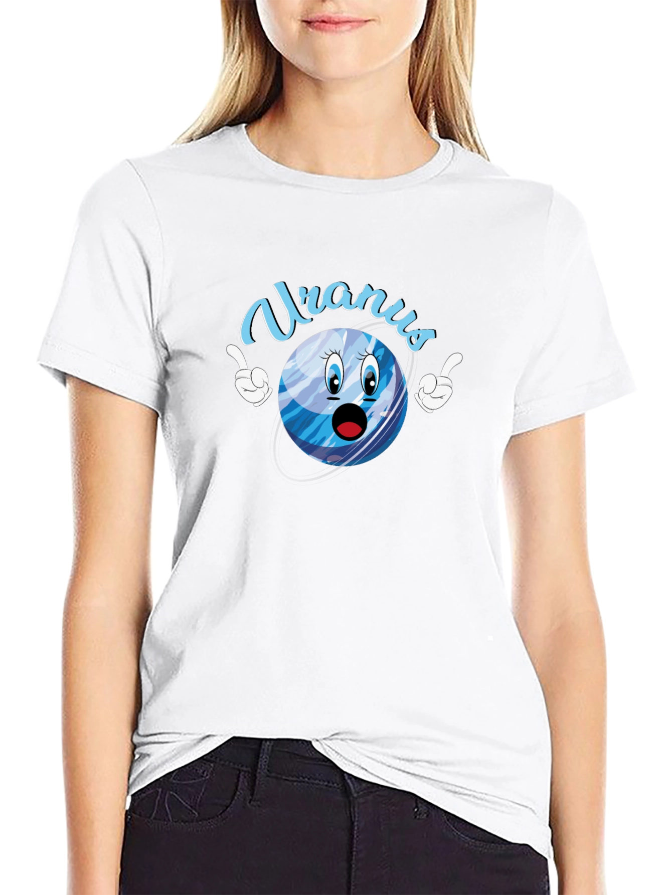 Uranus Cartoon Graphic Tee - Black Cotton T-Shirt