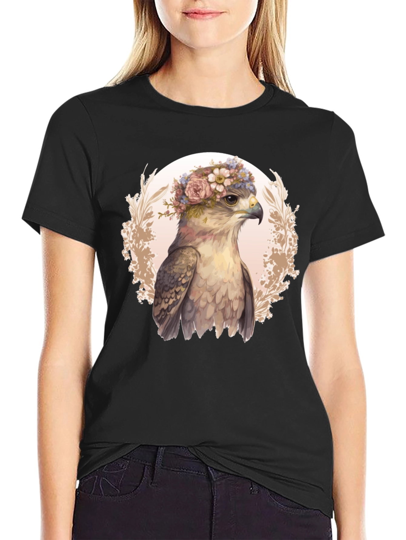 Floral Crown Hawk Graphic Tee - Black