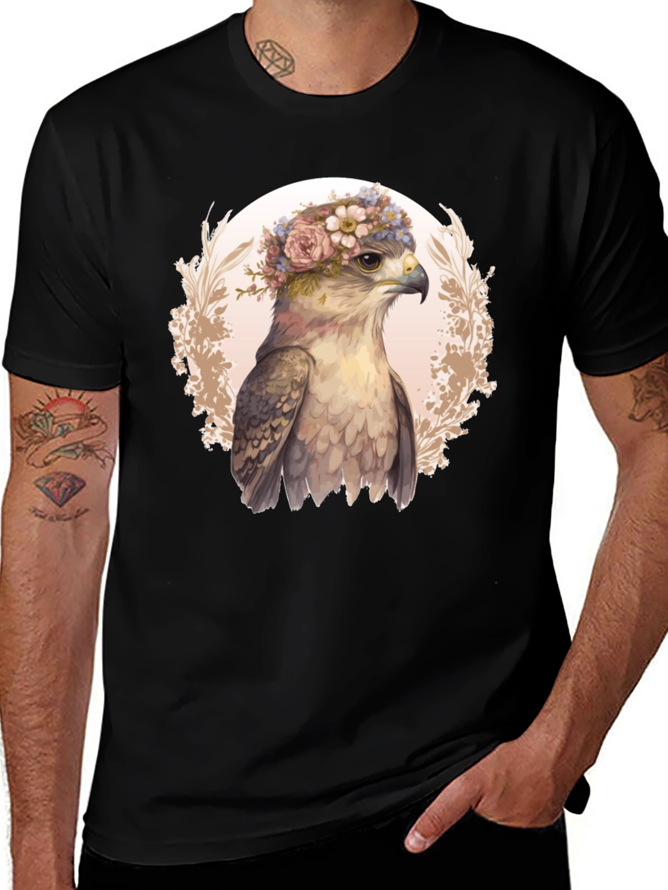 Floral Crown Hawk Graphic Tee - Black