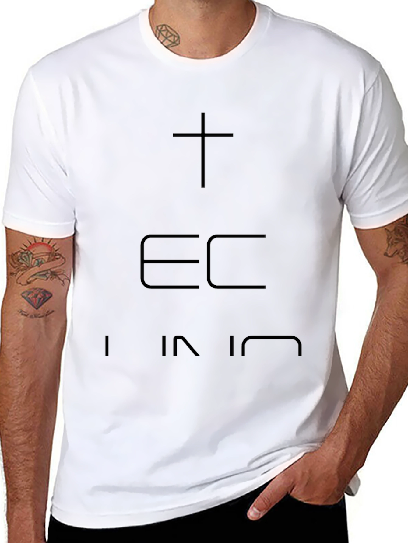Black T-Shirt with Cross and Text Design