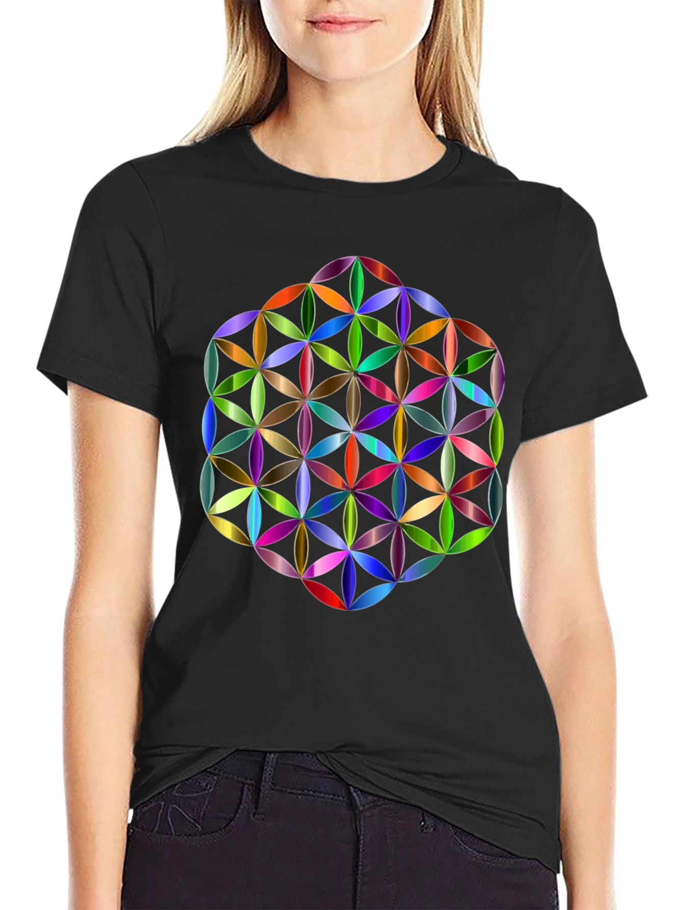 Geometric Flower of Life Graphic Tee - Black