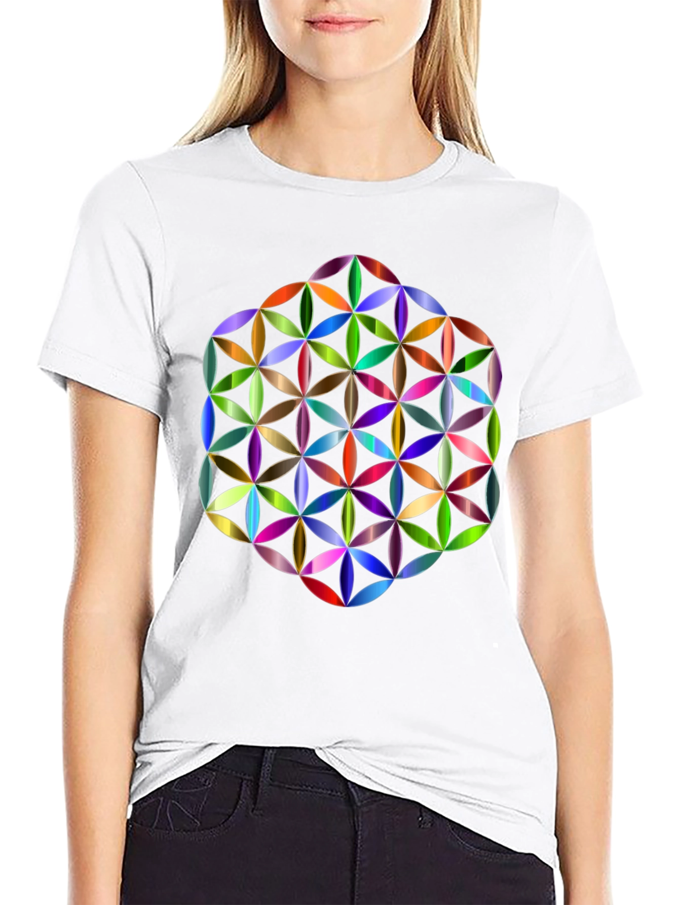 Geometric Flower of Life Graphic Tee - Black