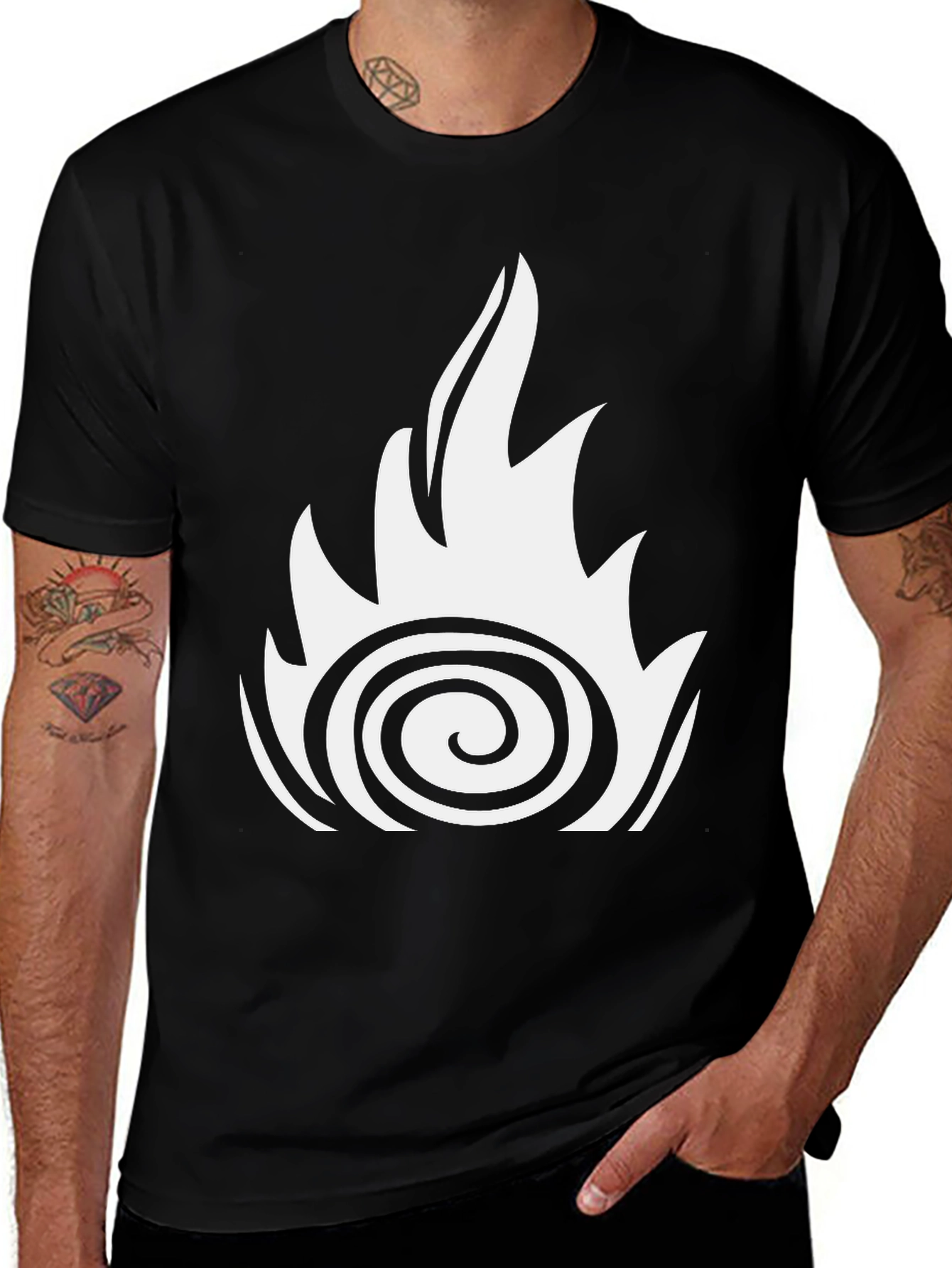 Fire Swirl Graphic Tee - Black Cotton Casual Shirt