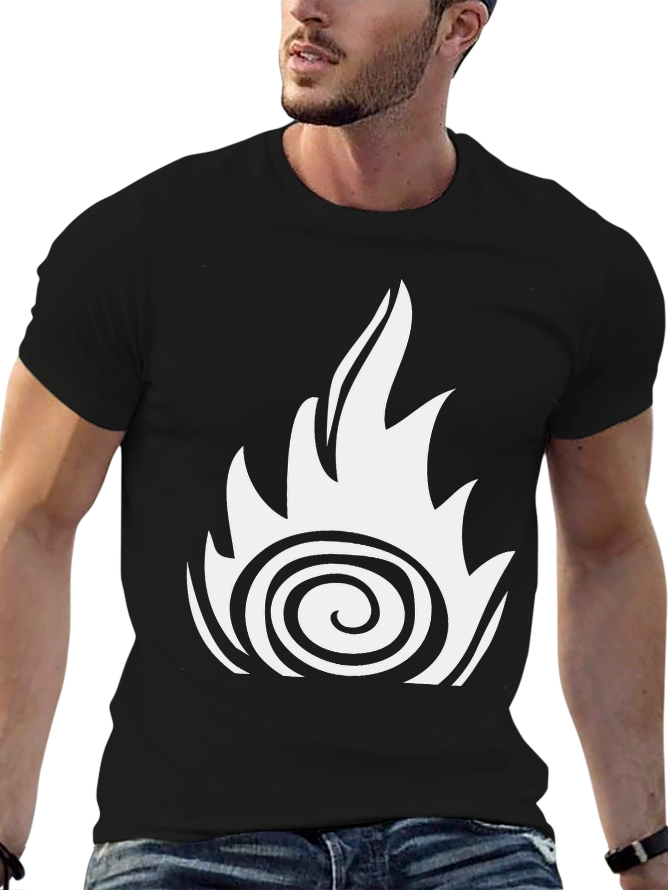 Fire Swirl Graphic Tee - Black Cotton Casual Shirt