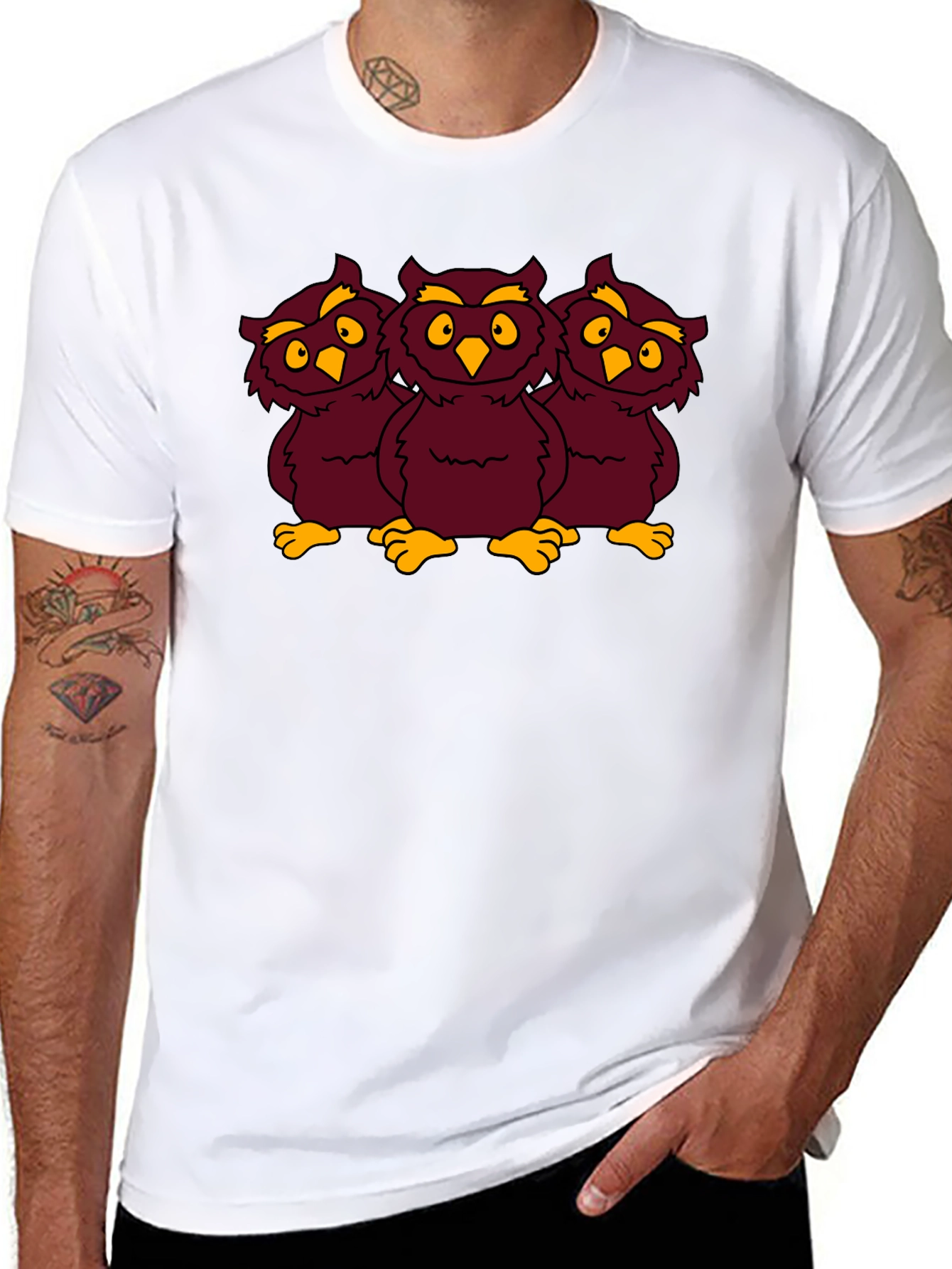 Three Owls Graphic Tee - Funny Cartoon Design
