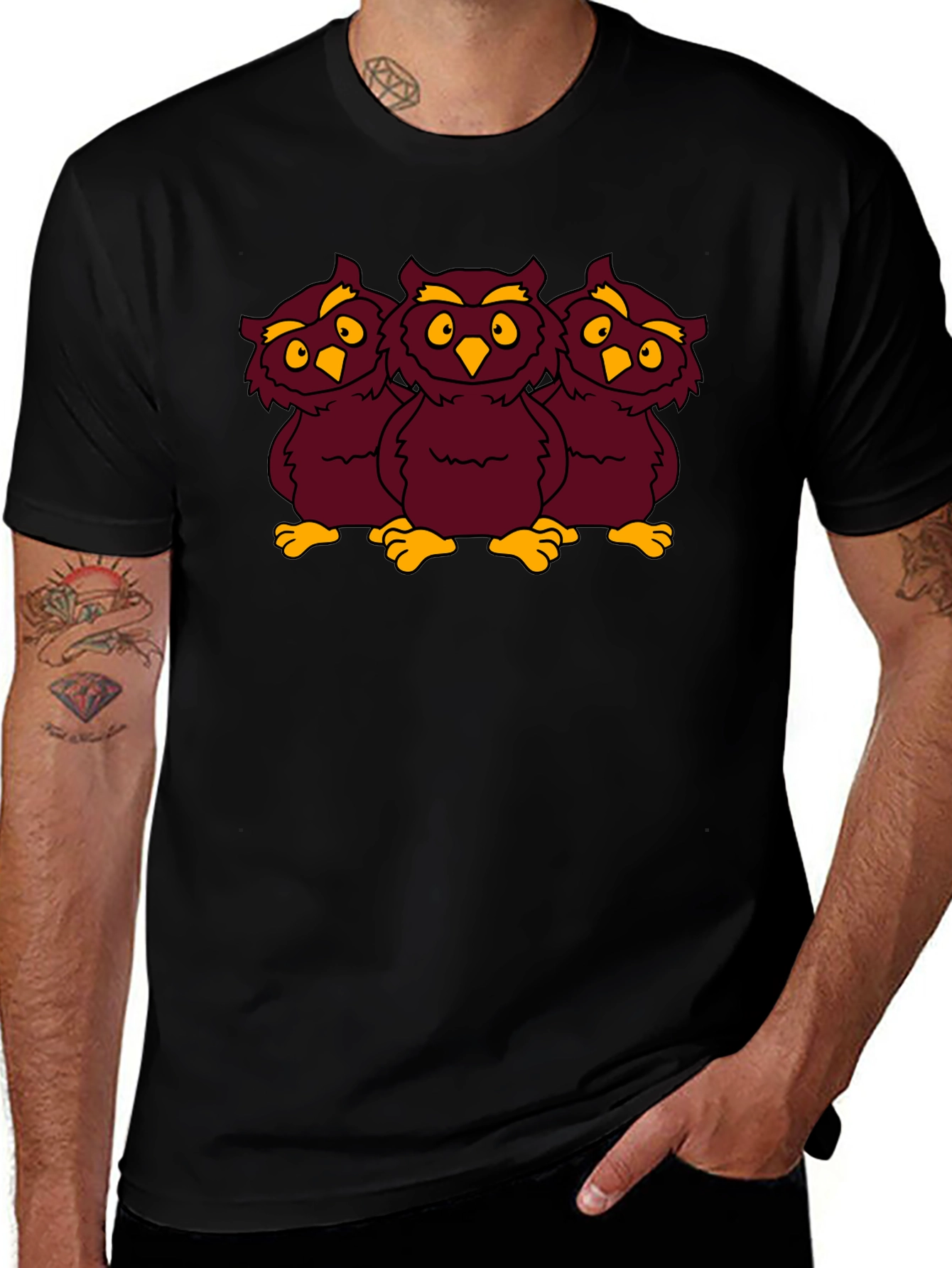 Three Owls Graphic Tee - Funny Cartoon Design
