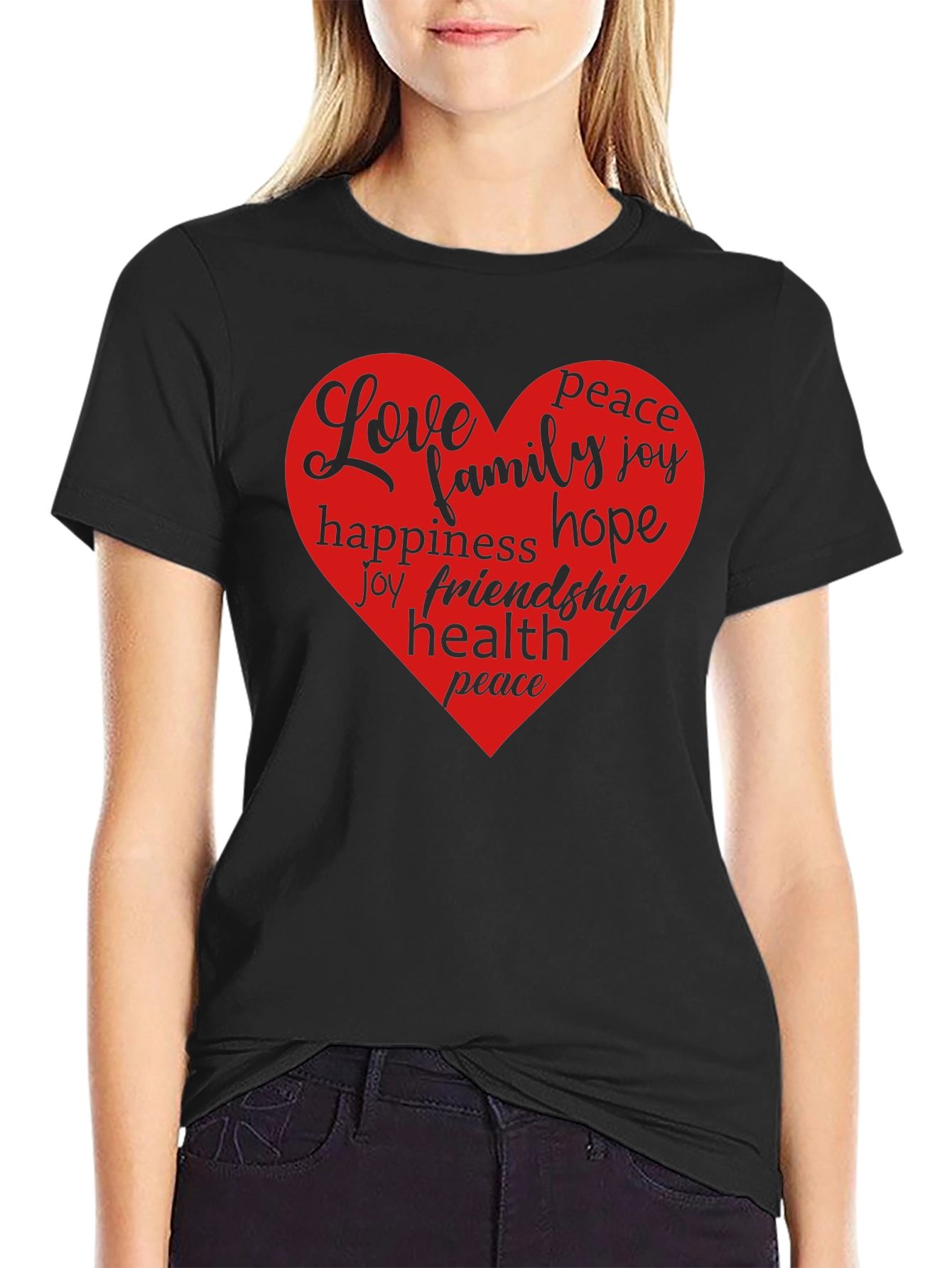 Love Heart Word Art Graphic T-Shirt - Black