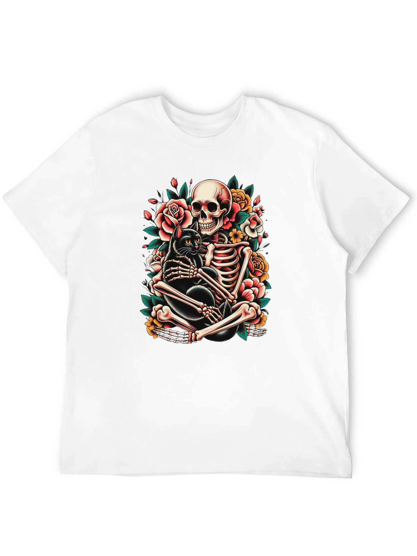 Skeleton and Black Cat Graphic T-Shirt