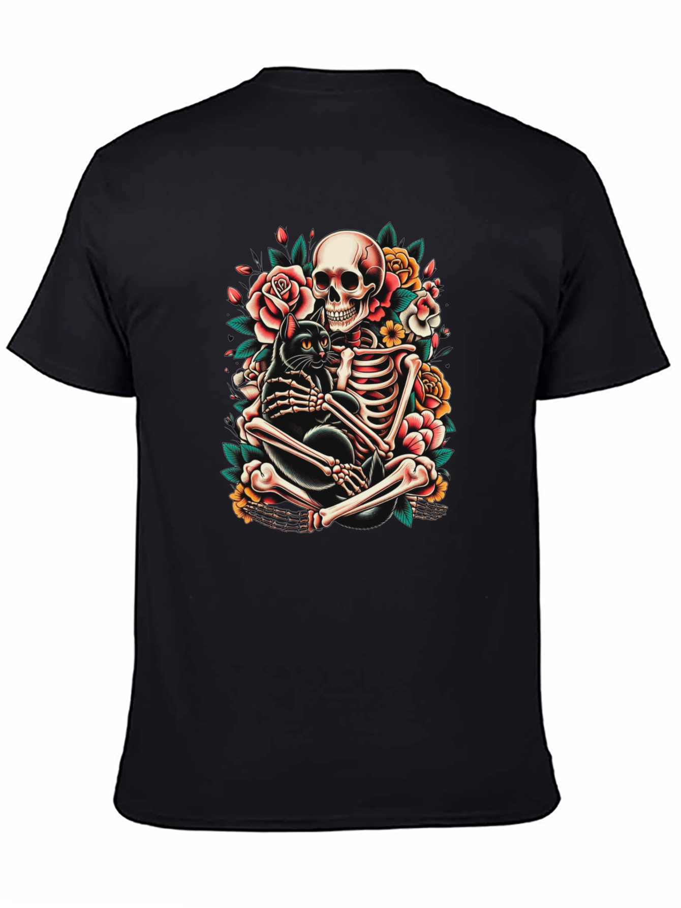 Skeleton and Black Cat Graphic T-Shirt