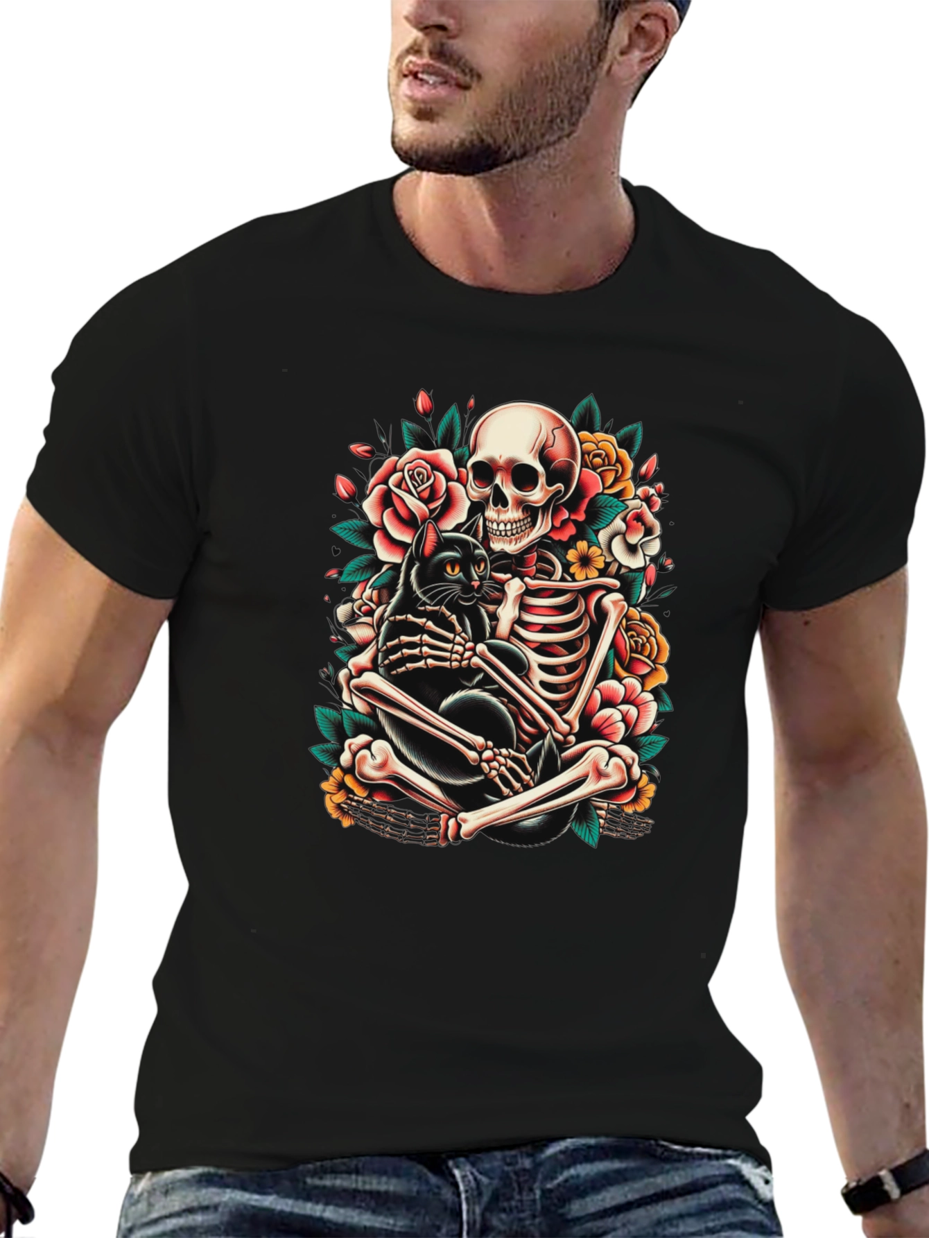 Skeleton and Black Cat Graphic T-Shirt