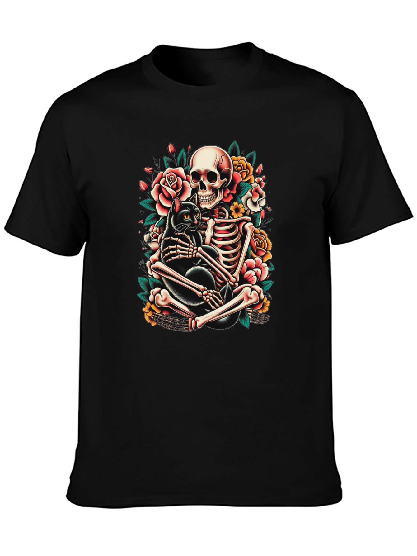 Skeleton and Black Cat Graphic T-Shirt