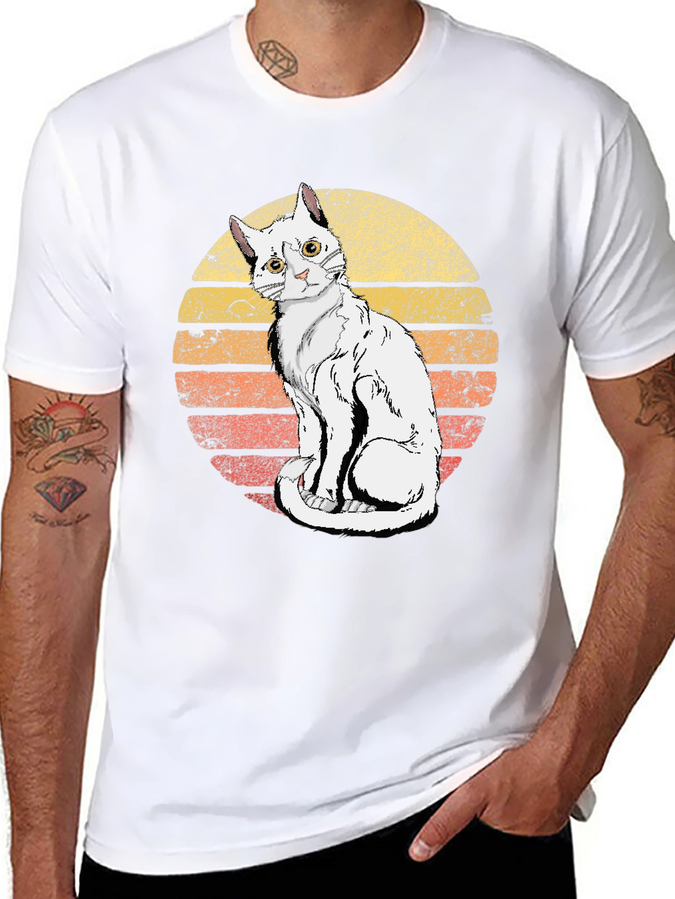 Retro Sunset Cat Graphic Tee - Unisex Black T-Shirt