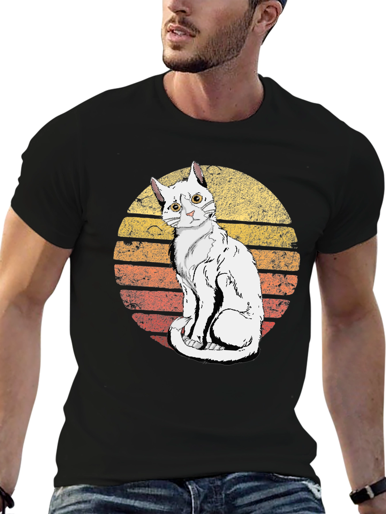 Retro Sunset Cat Graphic Tee - Unisex Black T-Shirt