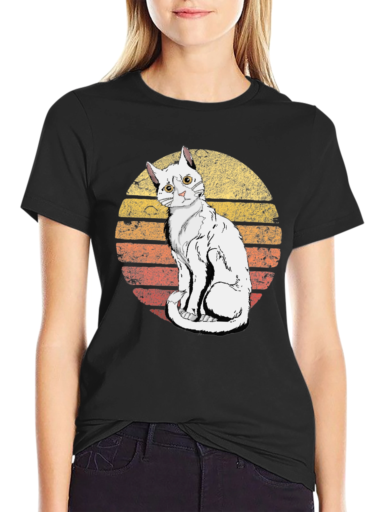 Retro Sunset Cat Graphic Tee - Unisex Black T-Shirt
