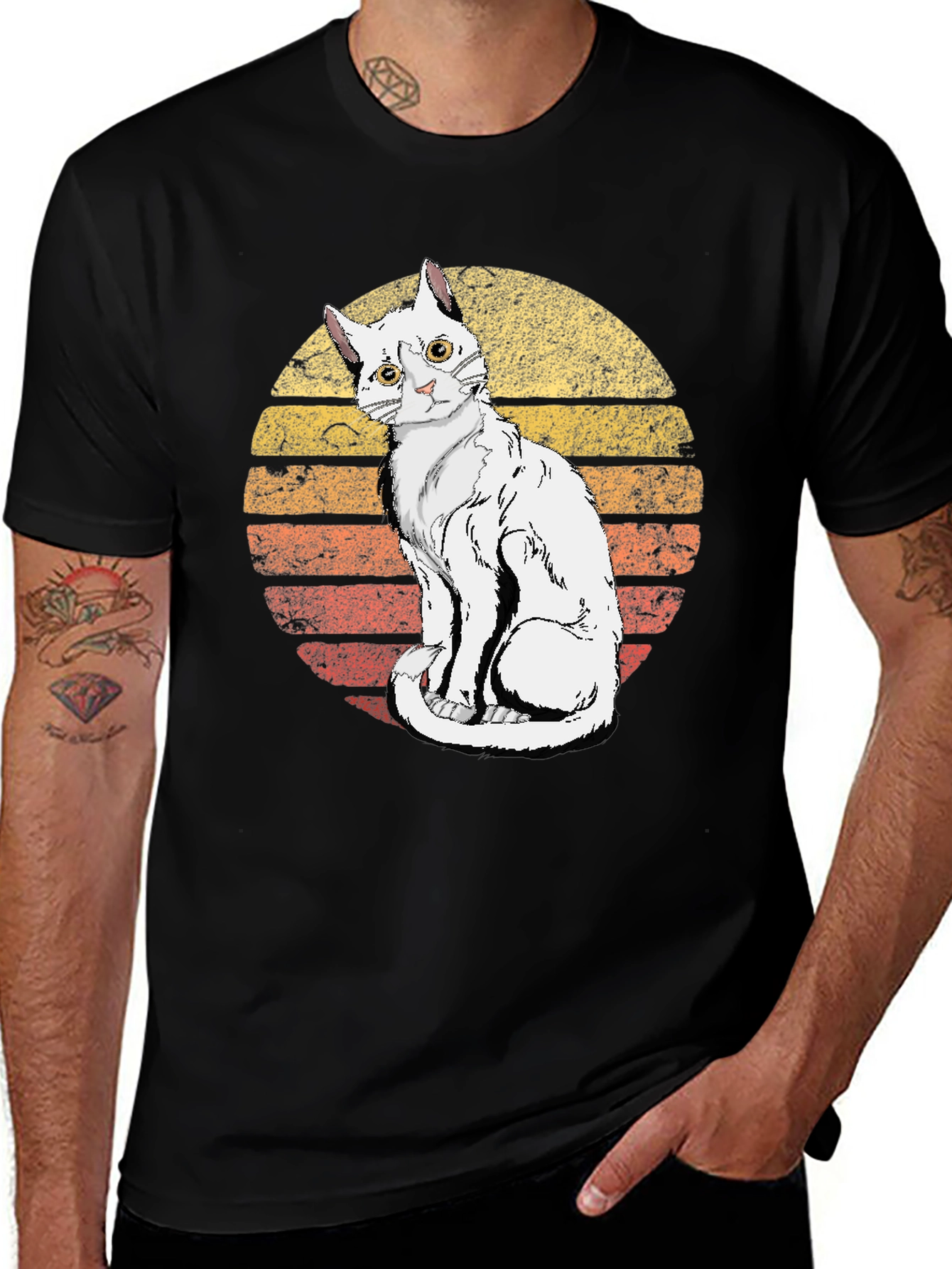 Retro Sunset Cat Graphic Tee - Unisex Black T-Shirt