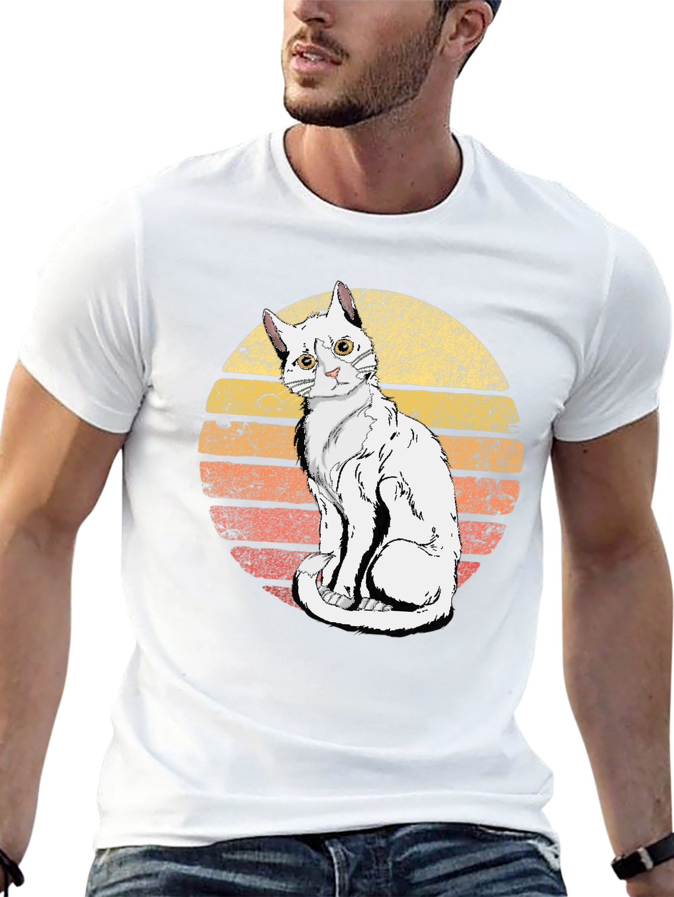 Retro Sunset Cat Graphic Tee - Unisex Black T-Shirt