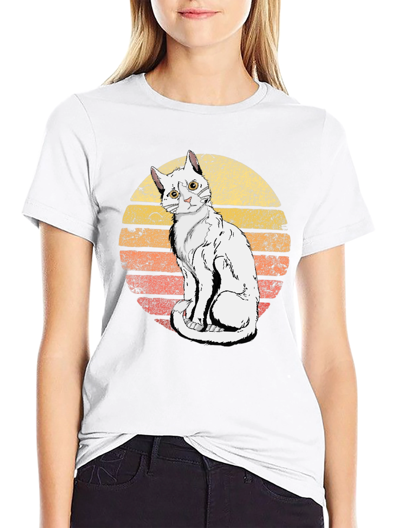 Retro Sunset Cat Graphic Tee - Unisex Black T-Shirt