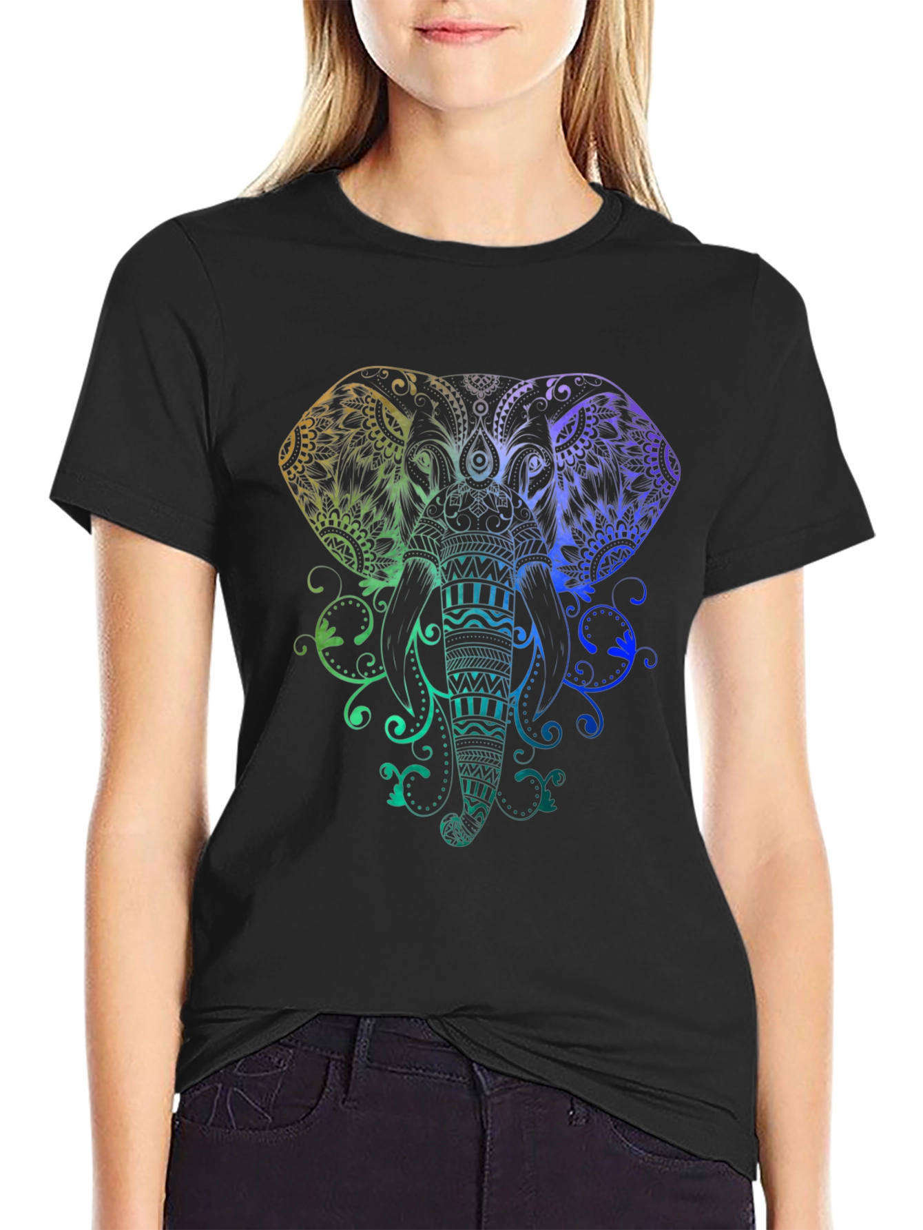 Rainbow Elephant Mandala Graphic Tee - Black Cotton