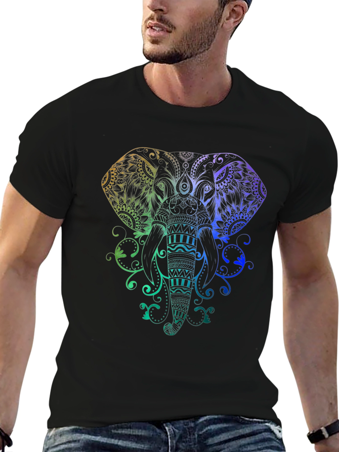 Rainbow Elephant Mandala Graphic Tee - Black Cotton