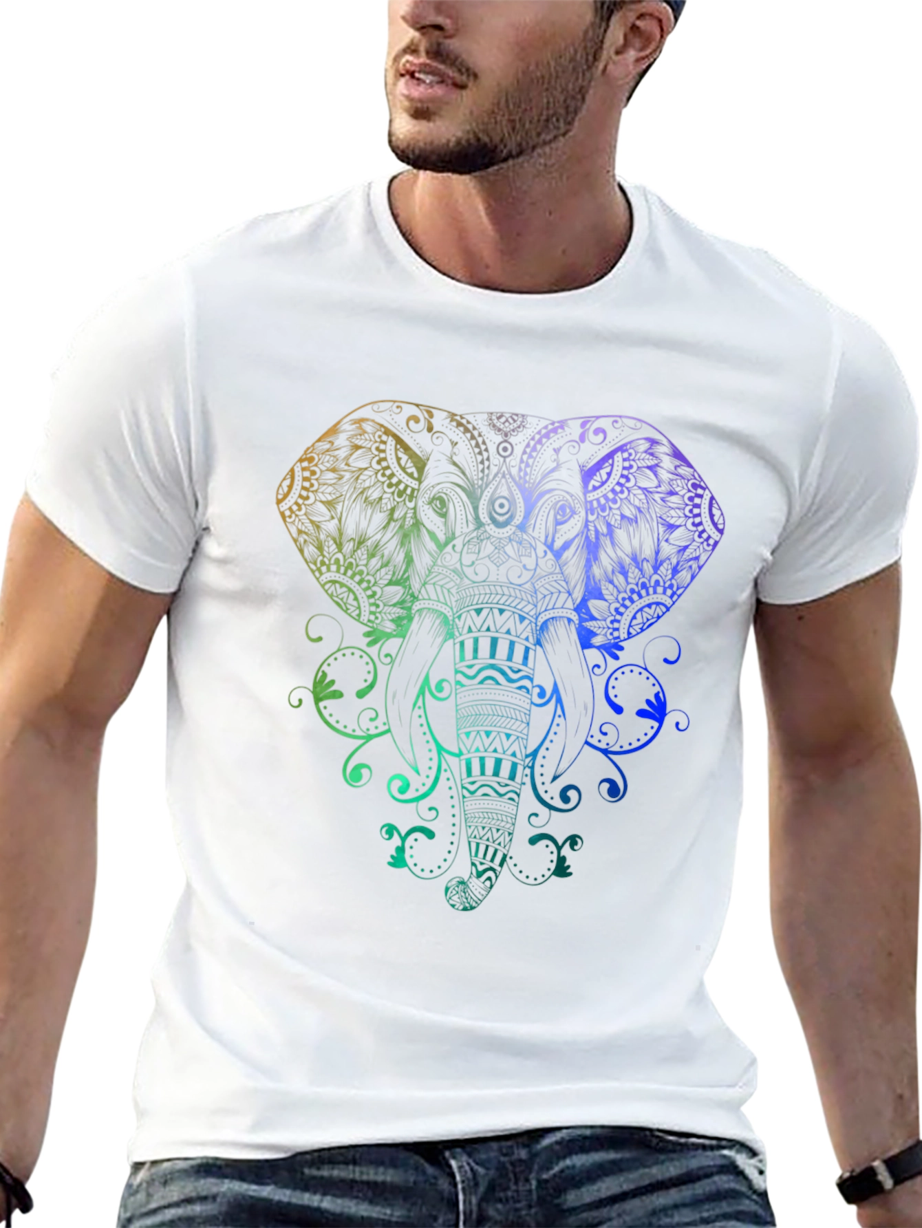 Rainbow Elephant Mandala Graphic Tee - Black Cotton