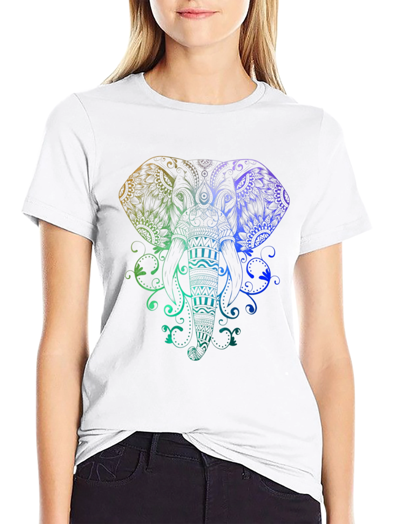 Rainbow Elephant Mandala Graphic Tee - Black Cotton