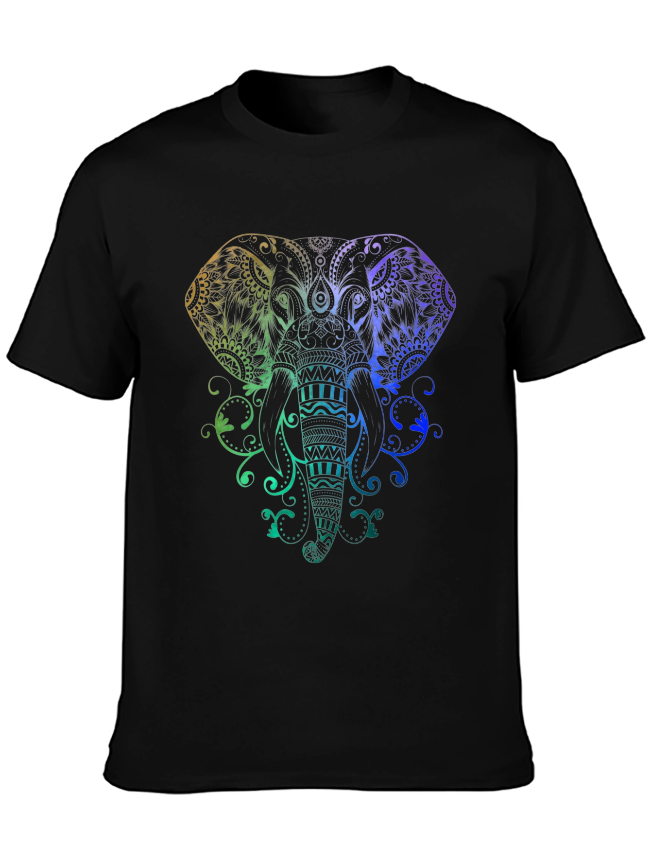 Rainbow Elephant Mandala Graphic Tee - Black Cotton