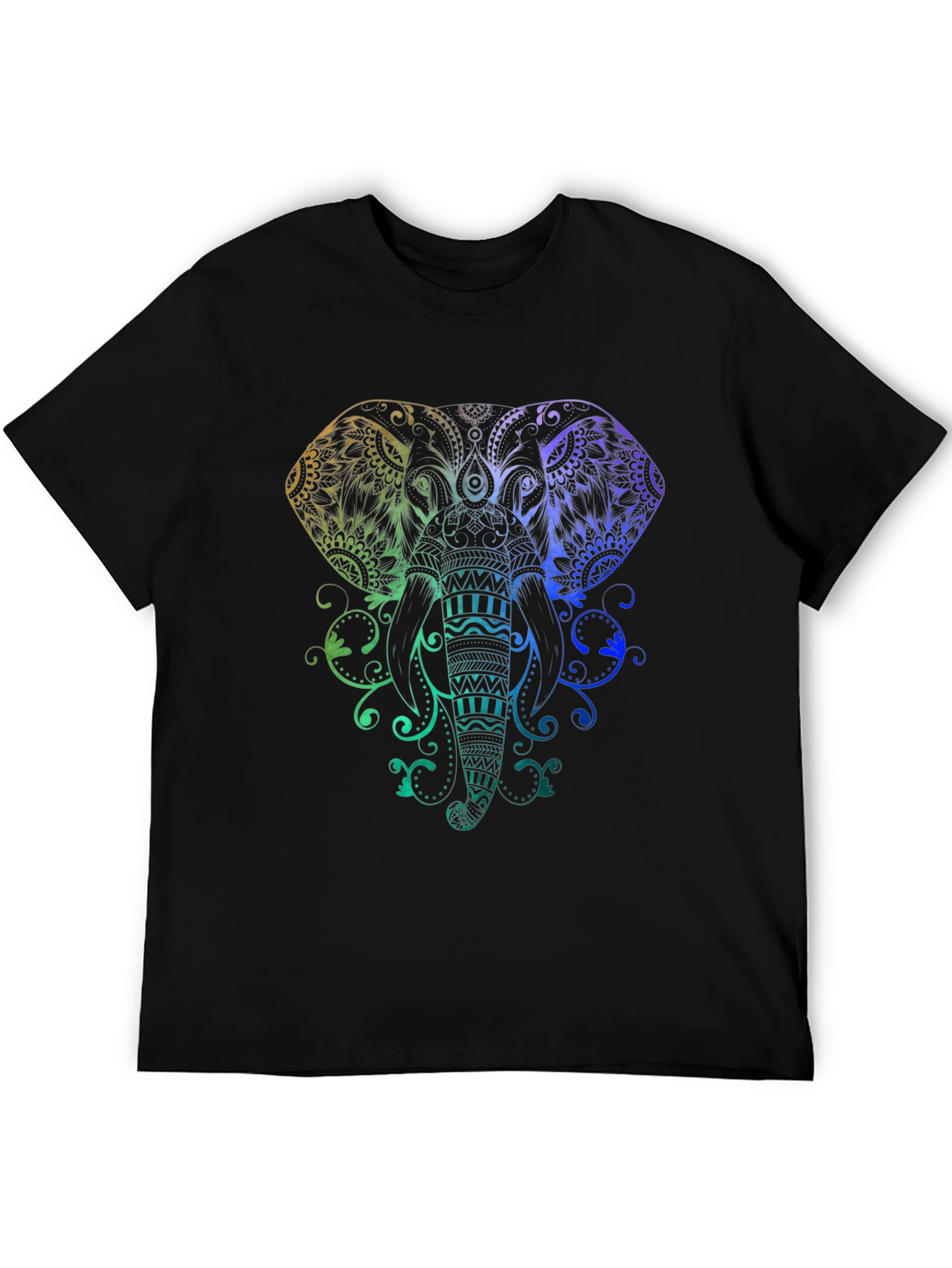 Rainbow Elephant Mandala Graphic Tee - Black Cotton
