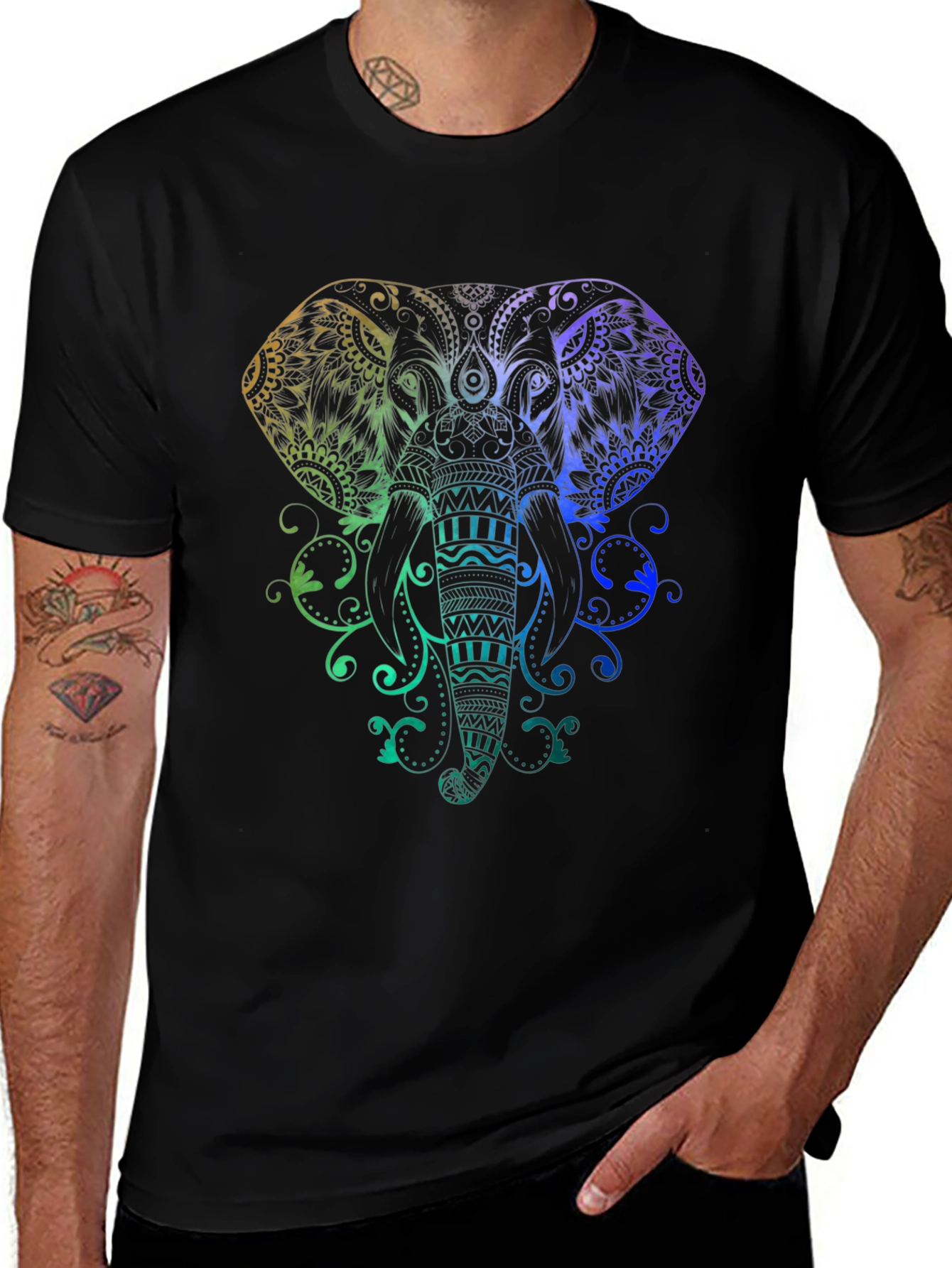 Rainbow Elephant Mandala Graphic Tee - Black Cotton