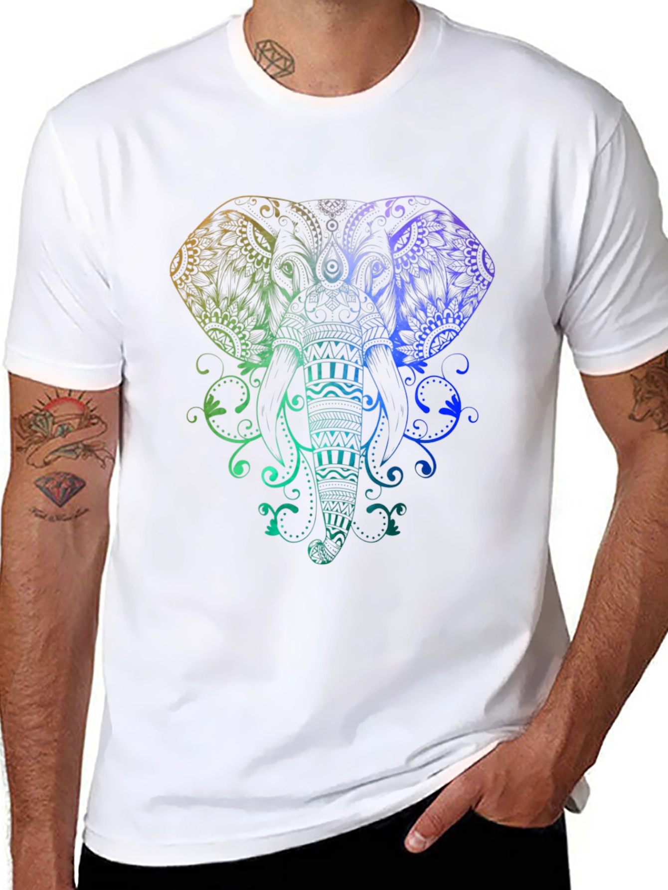 Rainbow Elephant Mandala Graphic Tee - Black Cotton