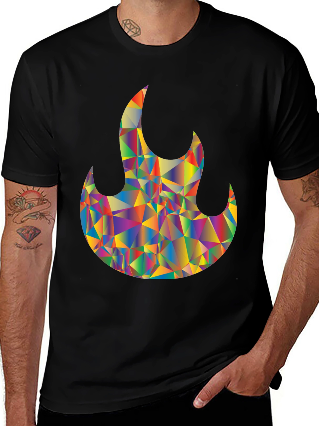 Mens Black T-Shirt with Geometric Flame Graphic